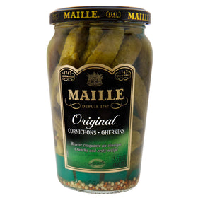 Maille Cornichons Original jar with tart gherkins for gourmet garnish.