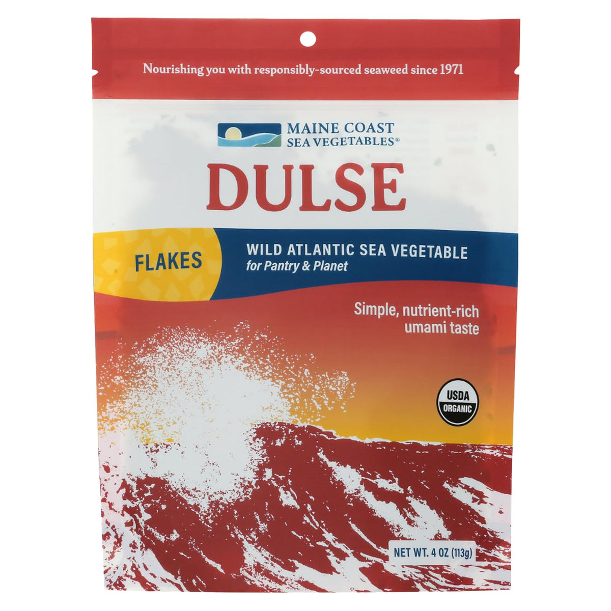 Maine Coast Sea Vegetables dulse flakes pack—seasoning ready for everyday meals.