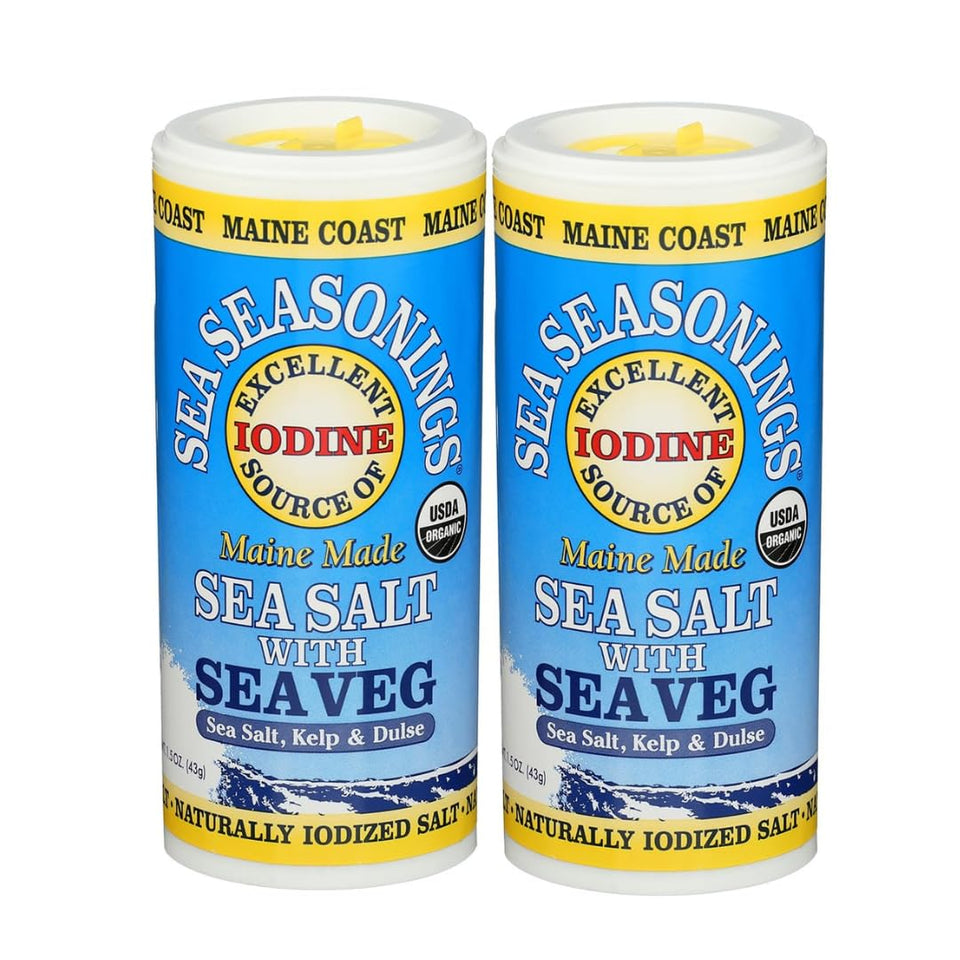 Maine Coast Sea Vegetables sea salt with sea veg shaker, ready to season soups and salads.