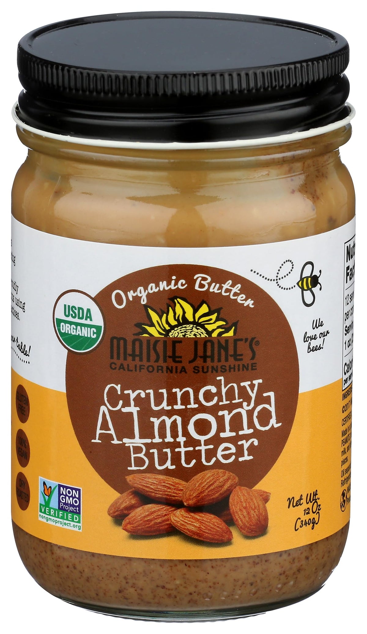Maisie Jane's Almond Butter Crunchy jar shows pure almond spread for everyday use.