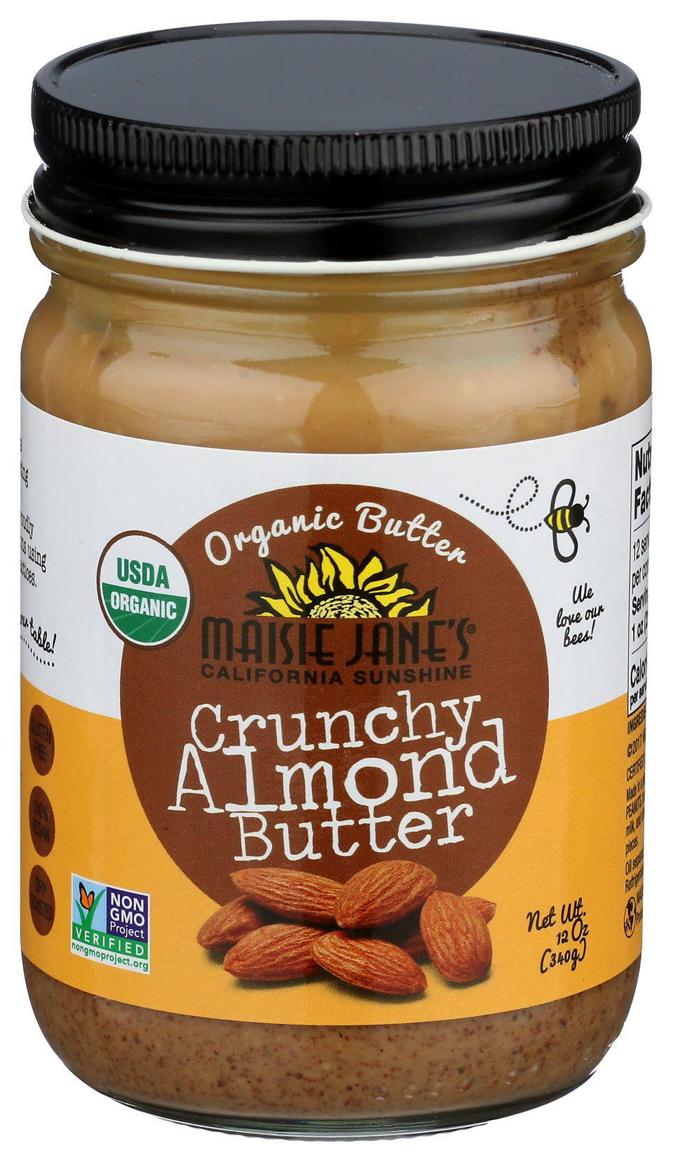 Maisie Jane's Almond Butter Crunchy jar shows pure almond spread for everyday use.