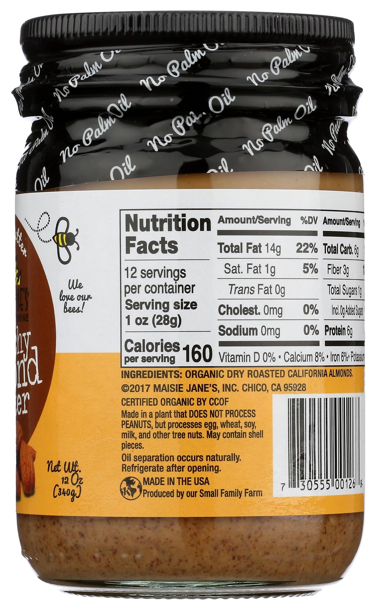 Nutrition label on Maisie Jane's Almond Butter Crunchy jar emphasizes clean ingredients.
