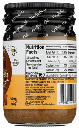 Nutrition label on Maisie Jane's Almond Butter Crunchy jar emphasizes clean ingredients.