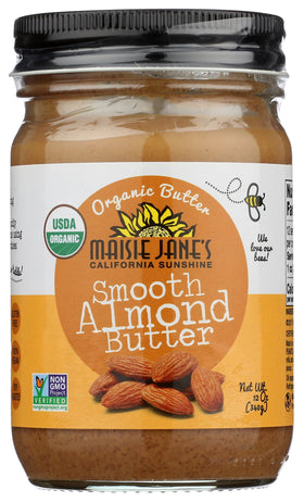 Maisie Jane's Organic Almond Butter Smooth jar on counter showing pure almonds flavor