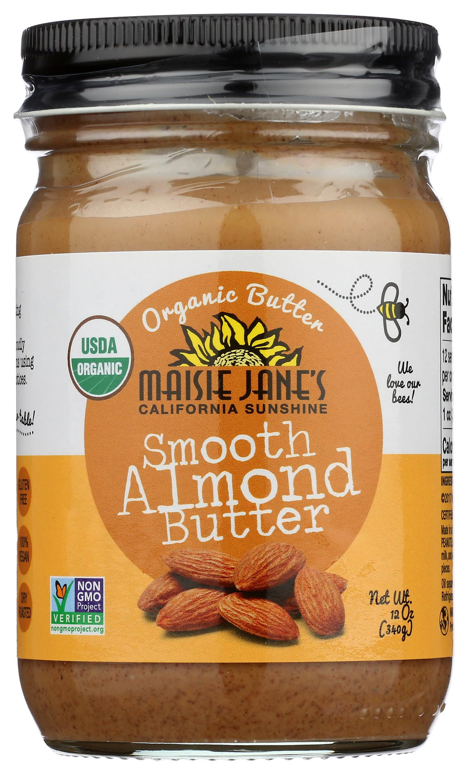 Maisie Jane's Organic Almond Butter Smooth jar on counter showing pure almonds flavor