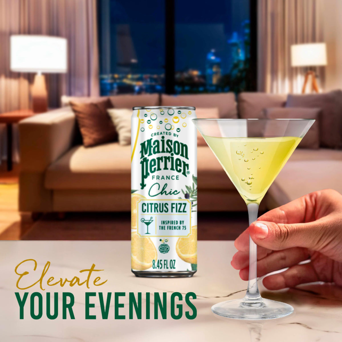 Maison Perrier Chic Citrus Fizz glass-serve ideal for mocktail evenings.