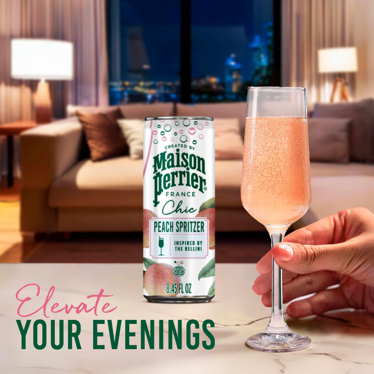 Bubble-rich pour closeup showing vibrant fizz and peachy flavor notes.