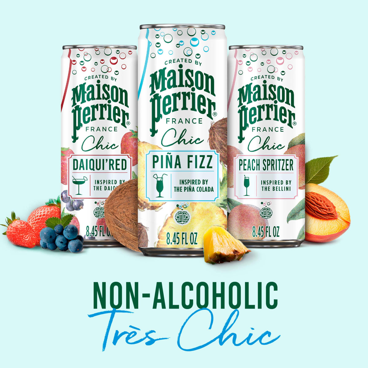 Packaging shot shows a 24-pack of Maison Perrier Chic Piña Fizz.