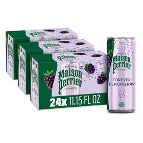 Maison Perrier Forever Blackberry cans on a table, refreshing zero-calorie flavor.