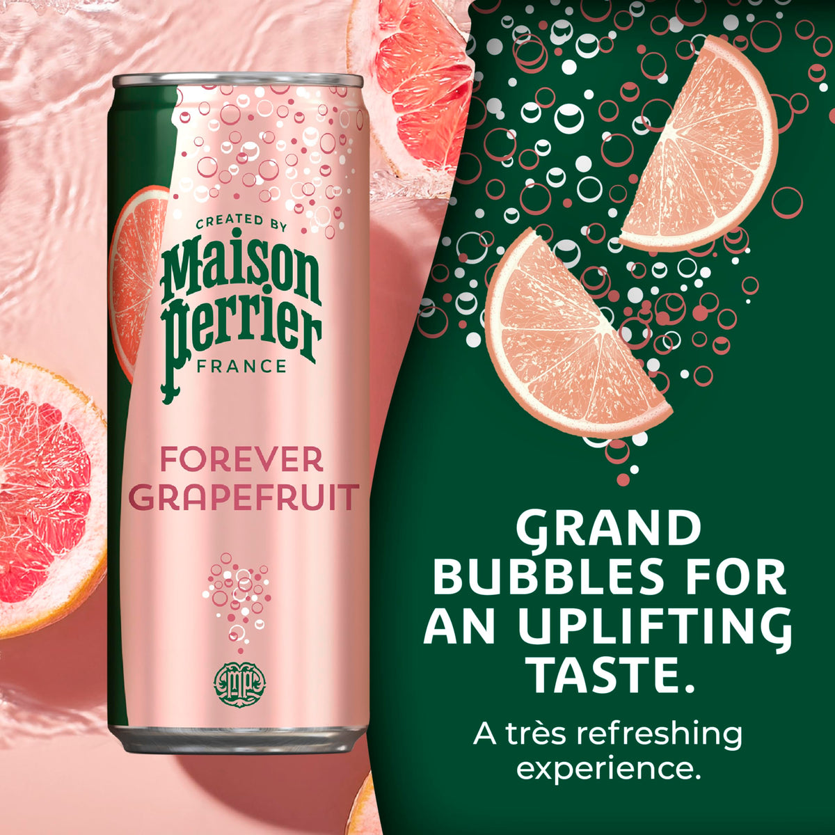 Close-up of Maison Perrier Forever Grapefruit bubbles highlighting crisp citrus aroma