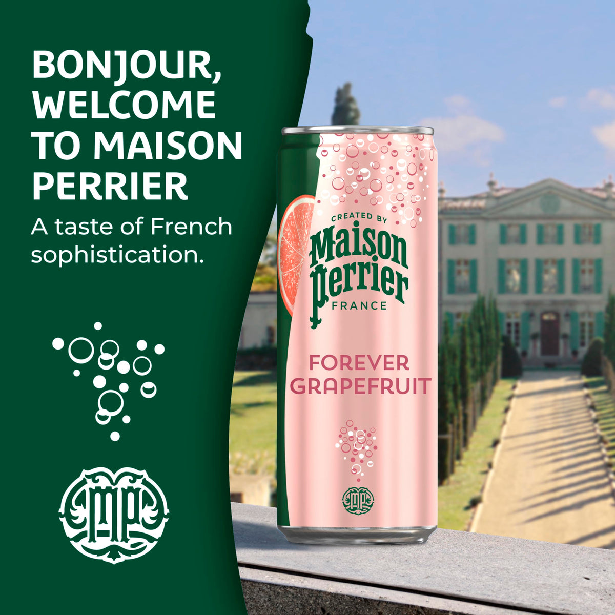 Pouring Maison Perrier Forever Grapefruit into a glass reveals lively fizz