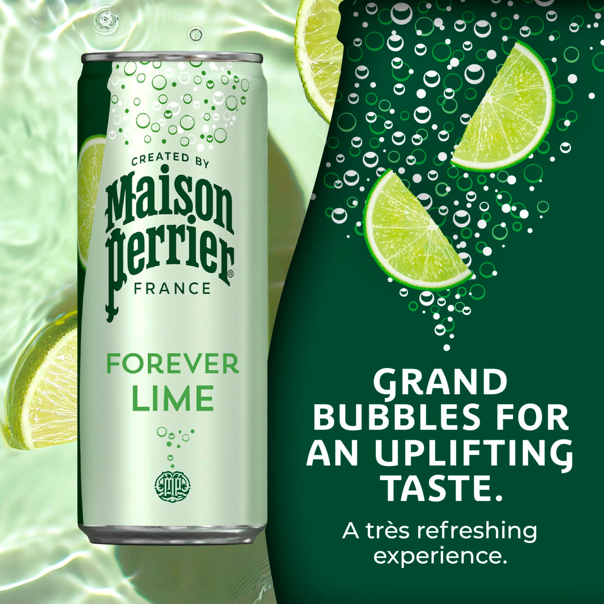 Close-up of Maison Perrier Forever Lime can with sparkling bubbles