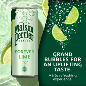 Close-up of Maison Perrier Forever Lime can with sparkling bubbles