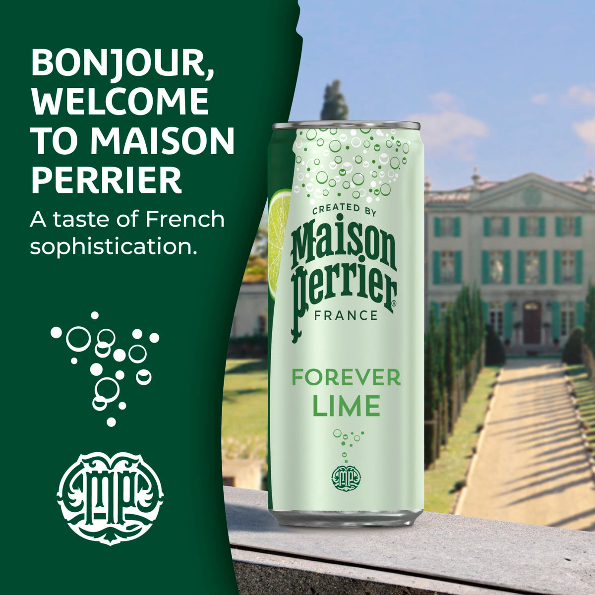 Pouring Maison Perrier Forever Lime into a glass with ice for a refreshing sip