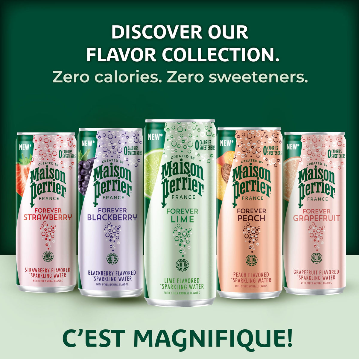 Three-pack display of Maison Perrier Forever Peach cans on shelf.