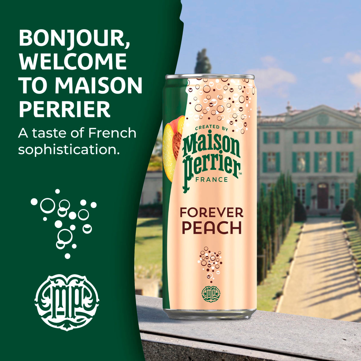 Pouring Maison Perrier Forever Peach into a glass for a crisp, fragrant sip.