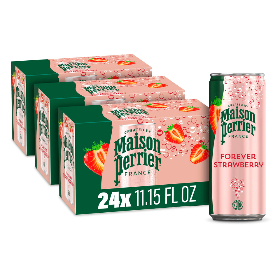 Maison Perrier Forever Strawberry bottle close-up showing crisp bubbles and zero calories.