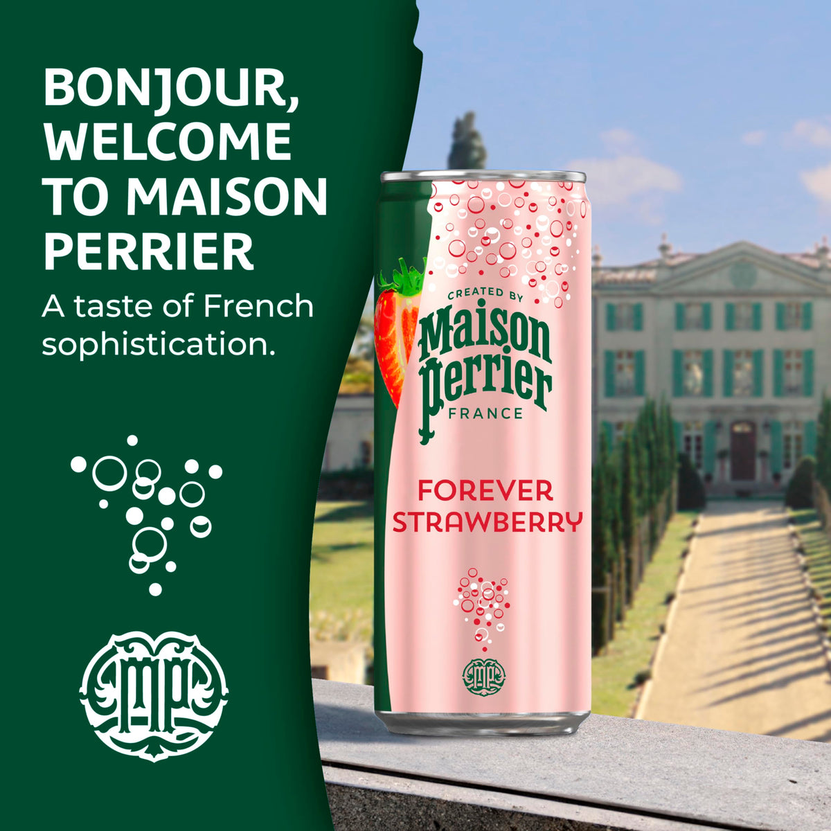 Maison Perrier Forever Strawberry bubbles up in a pouring glass.