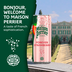 Maison Perrier Forever Strawberry bubbles up in a pouring glass.