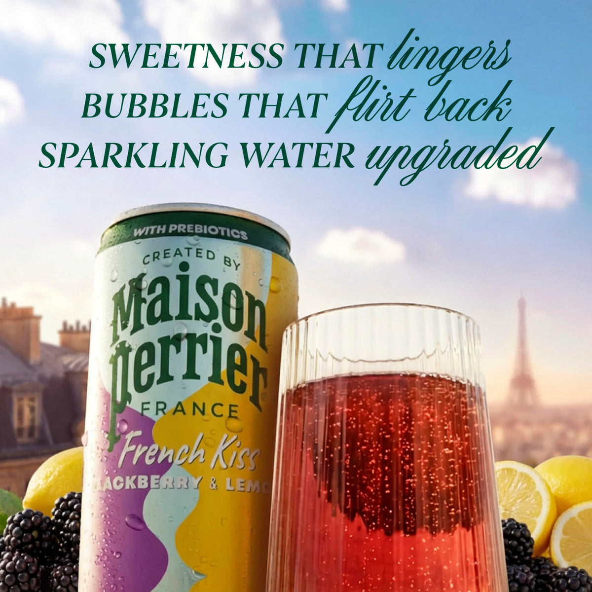 Maison Perrier French Kiss bubbles in a glass, ideal for a playful, social refresh.