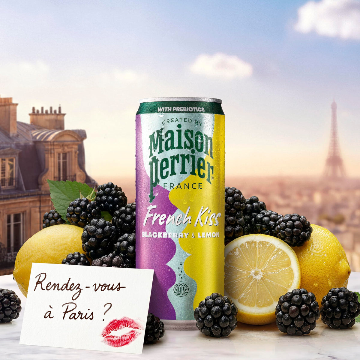 Maison Perrier French Kiss lemon bottle featuring real juice for a bright, uplifting sip.
