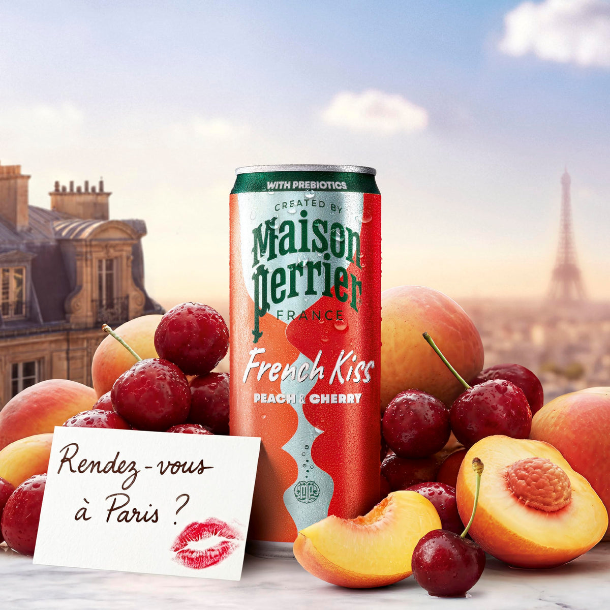 Maison Perrier French Kiss peach cherry can highlights real fruit juice in a sparkling sip.