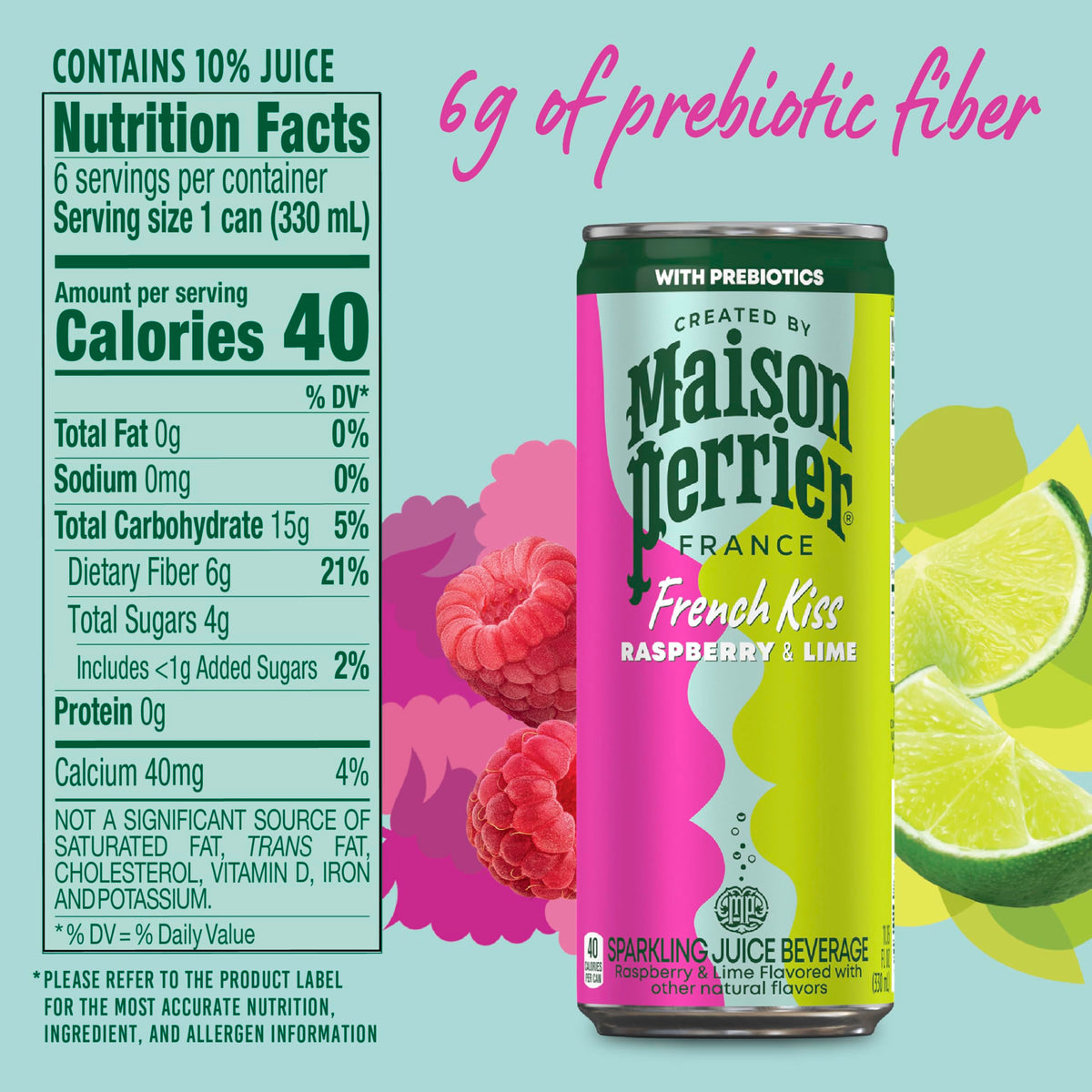 Bubbles rise in Maison Perrier French Kiss Raspberry Lime can, inviting a festive sip