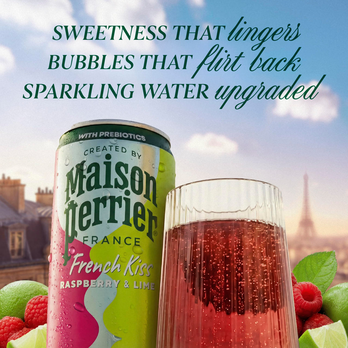 Closeup of Maison Perrier French Kiss Raspberry Lime can highlighting balanced sweetness