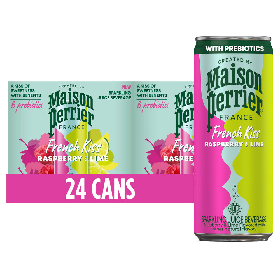 Maison Perrier French Kiss Raspberry Lime can on a surface, a refreshing mid-day option
