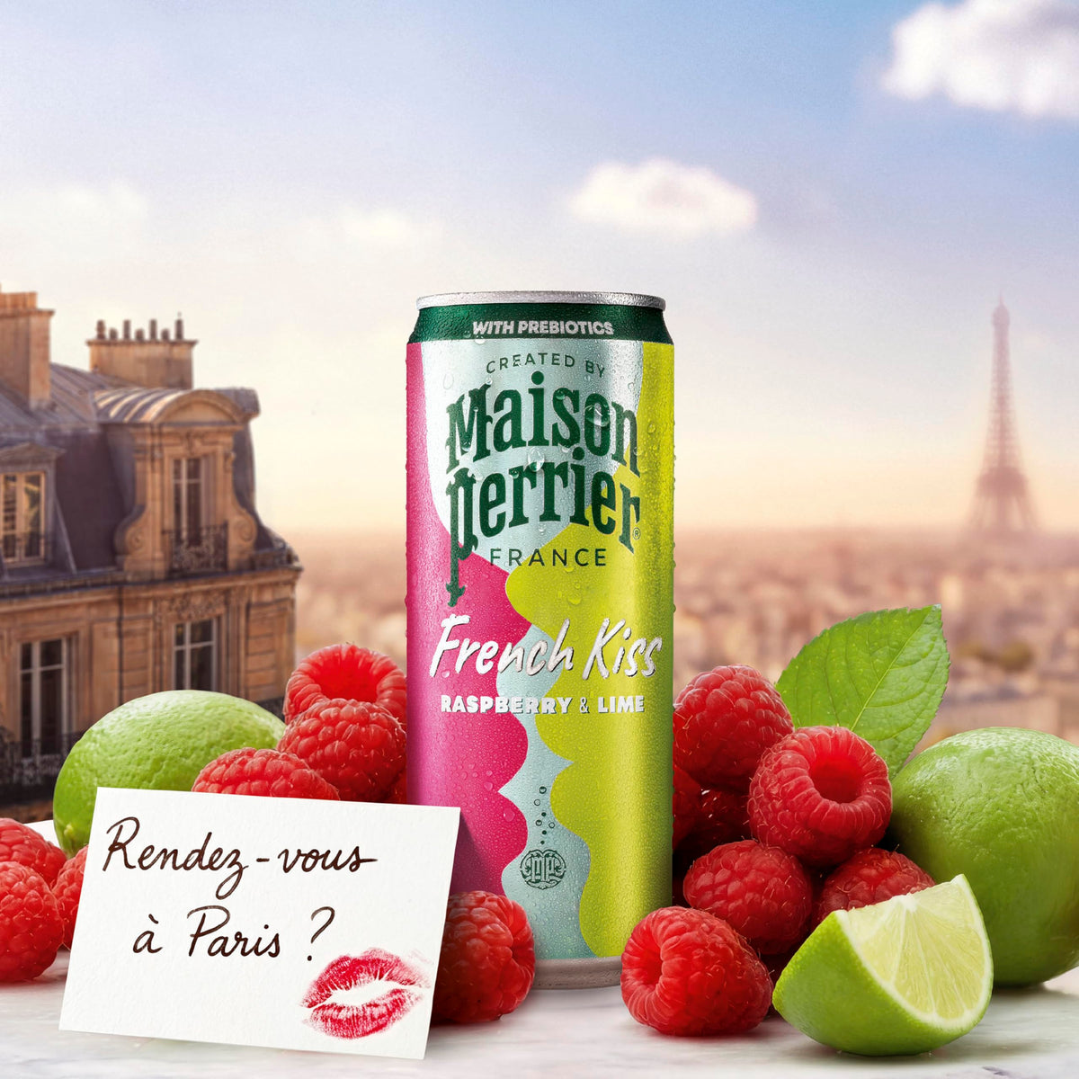 Pour scene of Maison Perrier French Kiss Raspberry Lime showing real juice and bright bubbles for refreshment