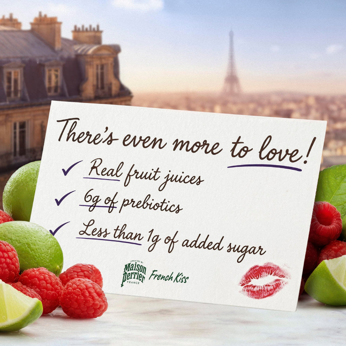 Real fruit juice visible in Maison Perrier French Kiss Raspberry Lime bottle