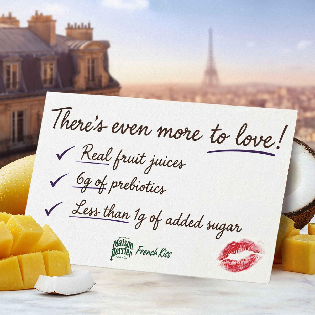 Maison Perrier French Kiss sparkling glass pour highlights vibrant bubbles and real fruit.