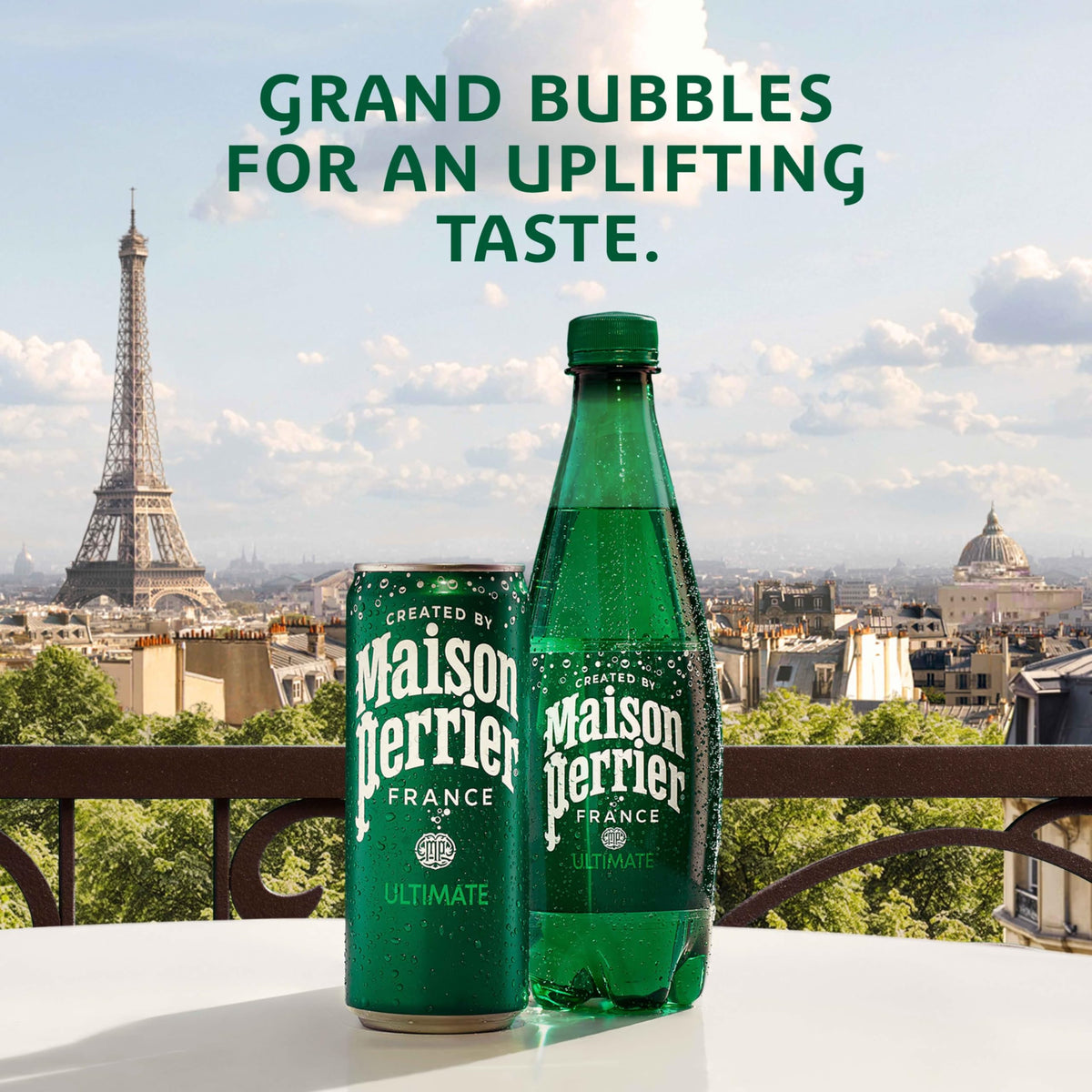 Maison Perrier Ultimate can closeup showing crisp bubbles and refined packaging for daily use.
