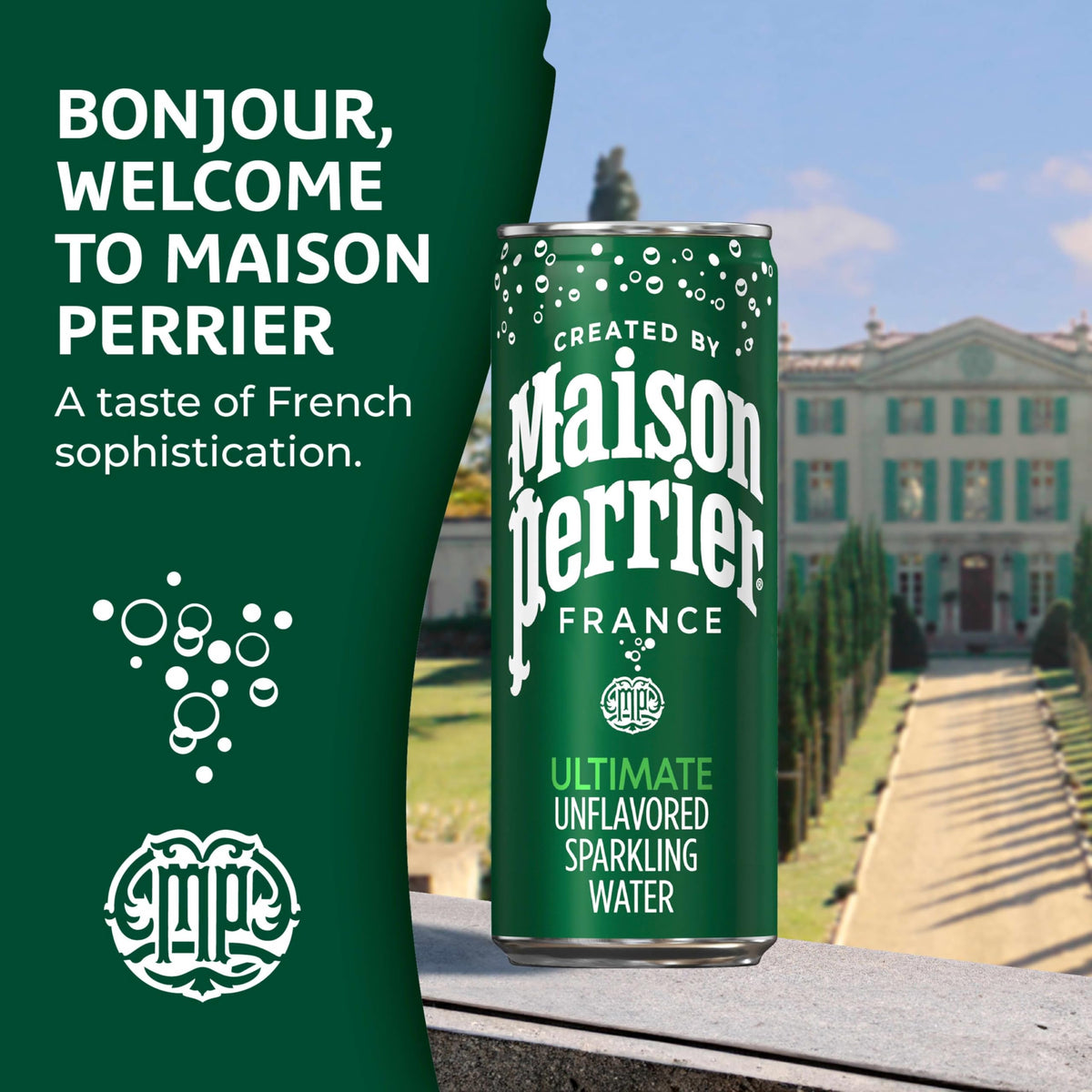 Maison Perrier Vergeze bottling image highlights authentic origin and high quality taste.