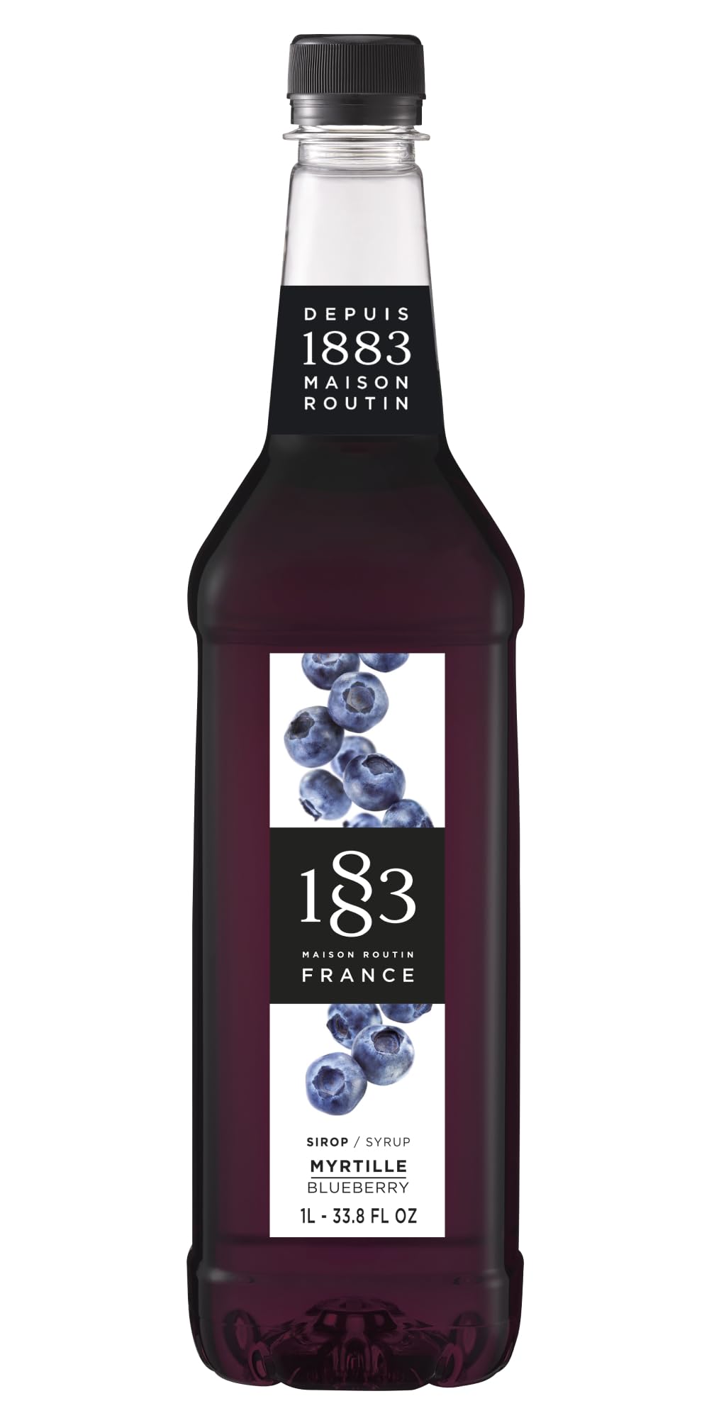 1883 MAISON ROUTIN Blueberry Syrup bottle front for café use, premium presentation.