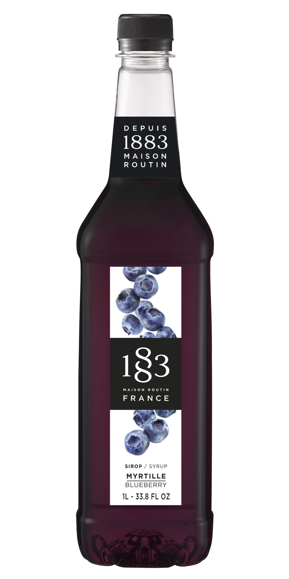 1883 MAISON ROUTIN Blueberry Syrup bottle front for café use, premium presentation.