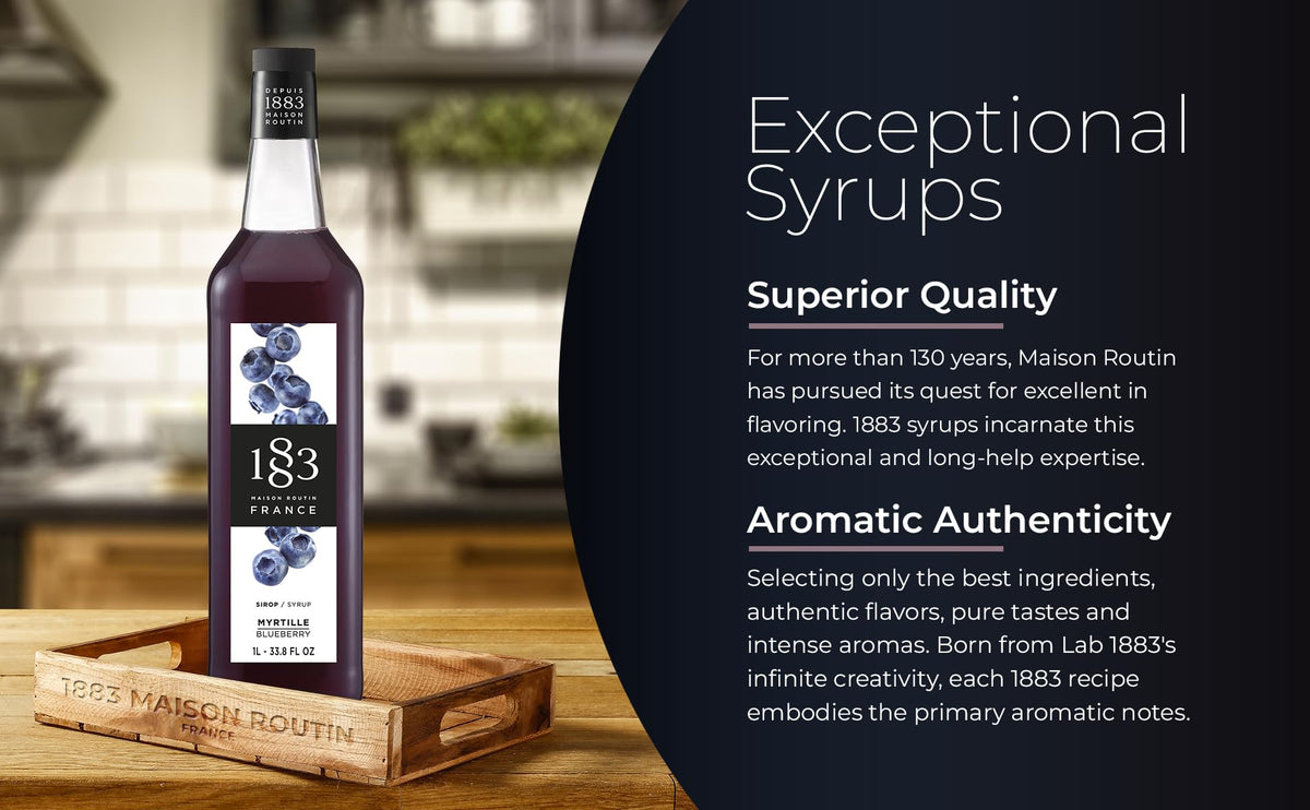 Coffee enhancer with 1883 MAISON ROUTIN Blueberry Syrup adds subtle fruit aroma.