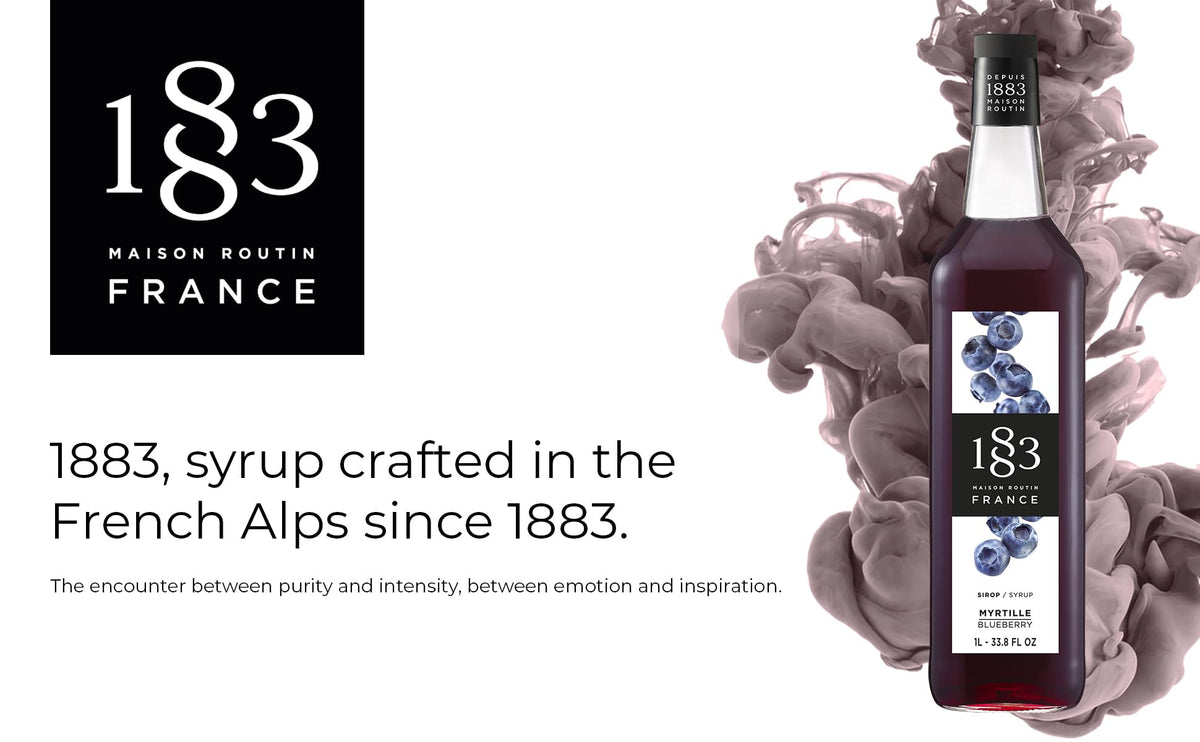1883 MAISON ROUTIN Blueberry Syrup label close-up, highlighting authentic French quality for premium drinks.