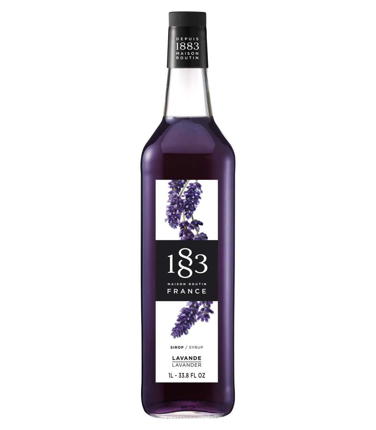 1883 Maison Routin lavender syrup bottle displayed for premium flavor in drinks.