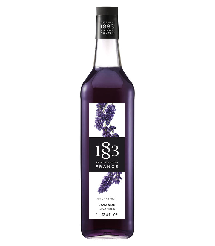1883 Maison Routin lavender syrup bottle displayed for premium flavor in drinks.