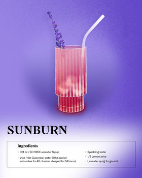 1883 lavender syrup bottle on a cocktail setup enhances floral cocktails.