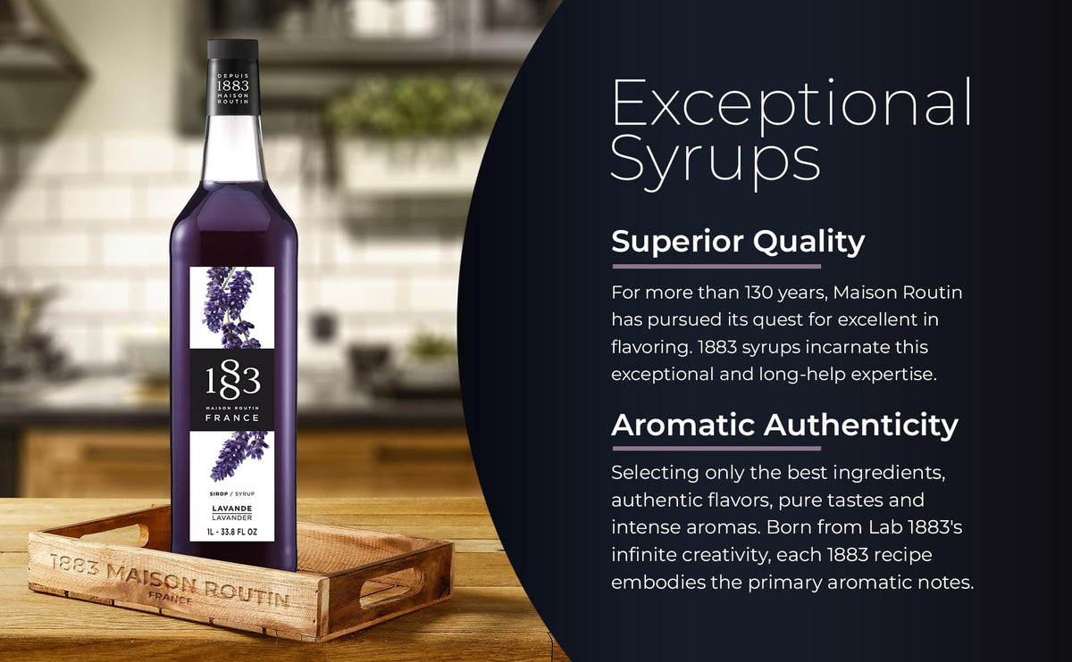 Lavender dessert topped with syrup drizzle from 1883 bottle.