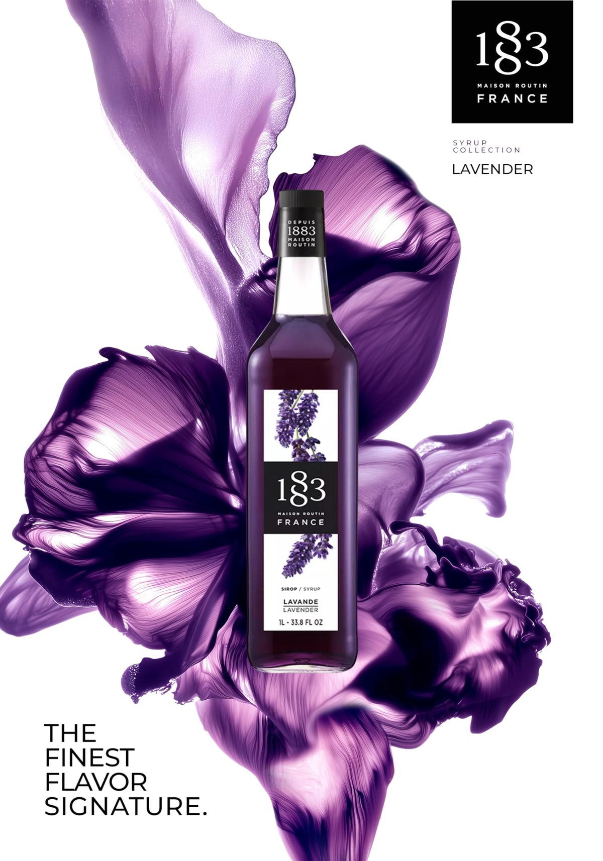 Front label of 1883 Maison Routin lavender syrup highlights French craftsmanship.