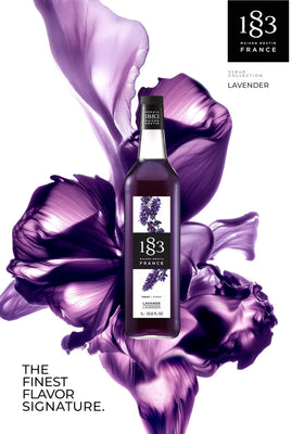 Front label of 1883 Maison Routin lavender syrup highlights French craftsmanship.