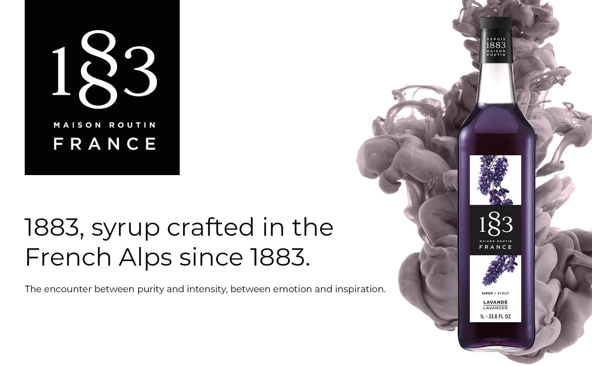 1883 lavender syrup being added to lemonade for floral brightness.