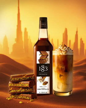 1883 Dubai chocolate syrup pour showing smooth blendability for hot or iced beverages