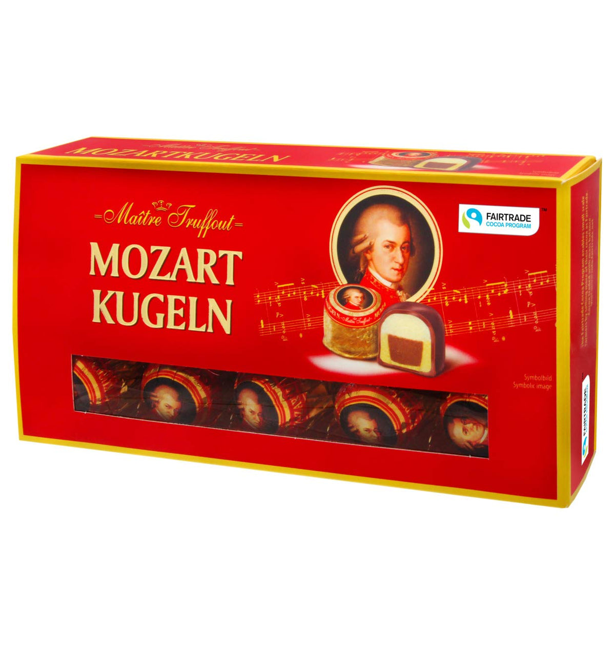 Maître Truffout Mozart Balls 200g tin: glossy chocolates with creamy centers, ideal for gifting.
