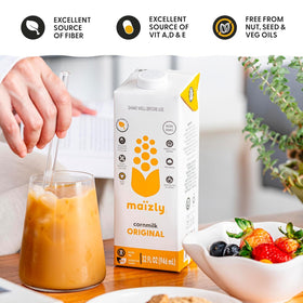 Maizly Original corn milk cereal bowl pour enhances breakfast with fiber