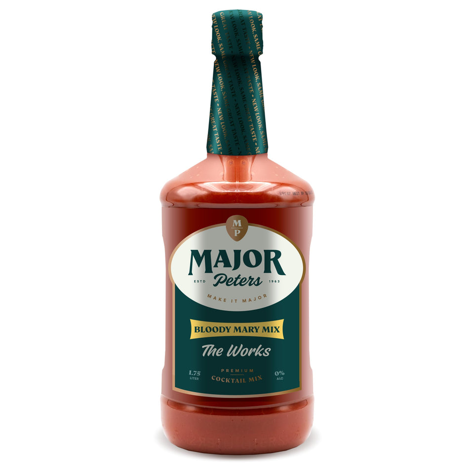 Major Peter's Bloody Mary mix bottle showcases premium ingredients for rich flavor.