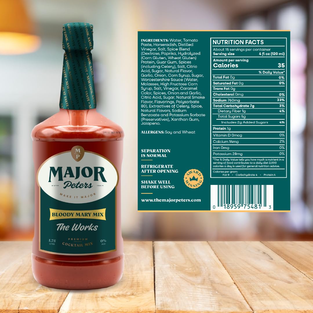 Major Peter's Bloody Mary mix label close-up highlighting natural ingredients.